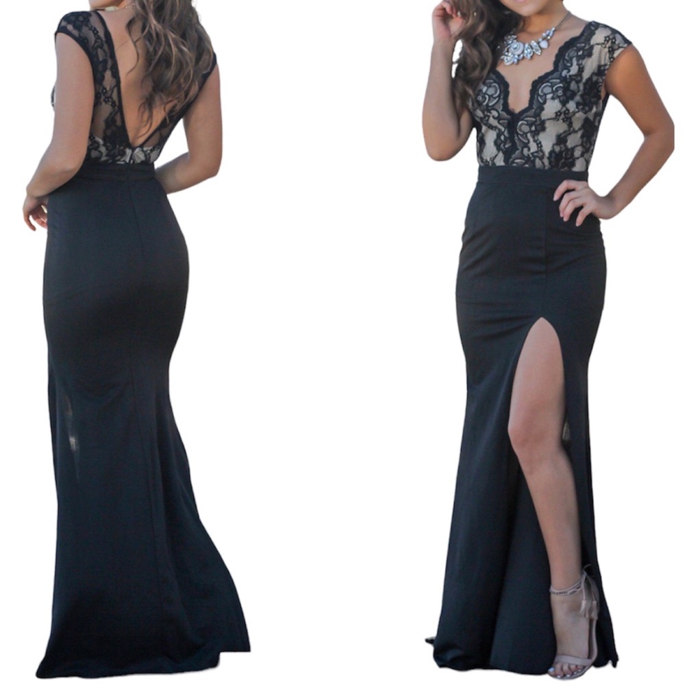 Maniju Black Beige Scalloped V Neck Lace Sleeveless Top Side Slit Maxi Dress M